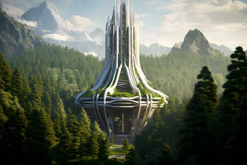 Futuristic high rise skyscraper in the woods, skyscraper, high rise skyscraper, futuristic building - obrazy, fototapety, plakaty