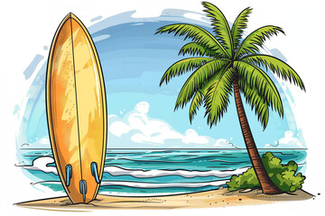 Surfboard clipart leaning against a palm tree