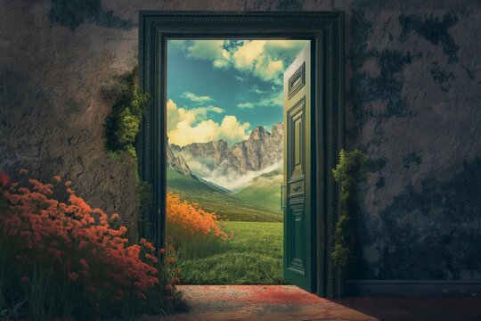 An open door in a frame on a weathered wall leading to a vibrant natural landscape.