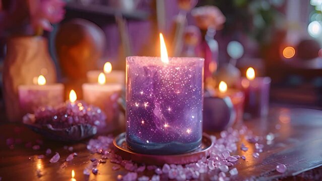 Purple candles zodiac signs, astrology and burning candles Color tone effect. Spiritual mystery fortune telling background 4k