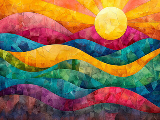 Clay sun in a vibrant geometric dreamscape - obrazy, fototapety, plakaty