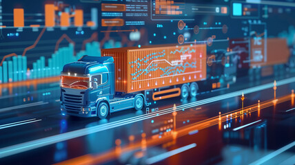 A digitally enhanced semi-truck on a futuristic interface with analytics and data visualization graphics, symbolizing logistics and technology