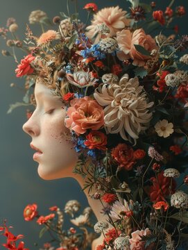 Captivating surrealism with floral motifs, presenting a head adorned with intricate flower arrangements against a dreamy backdrop.