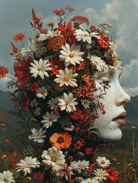 Captivating surrealism with floral motifs, presenting a head adorned with intricate flower arrangements against a dreamy backdrop.