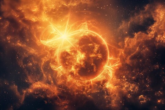 A vibrant image capturing a solar flare from a sun-like star surrounded by nebulous cosmic clouds.