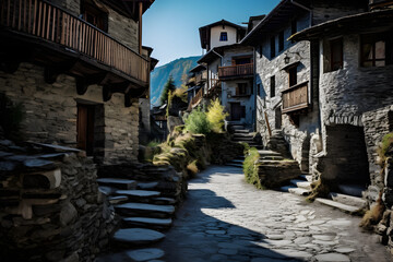 Fototapeta na wymiar Italian rustic village near the mountains, rustic ciiity in the italian alps
