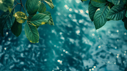 Summer natural background made of water and green leaves