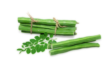 Moringa Oleifera or drumstick vegetable with leaves isolated over white background