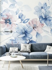 Pink blue floral mosaic wall mural, in the style of monochromatic ink washes, blue and white glaze in livingroom room.