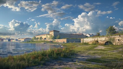 an old fort located on the water's edge. The fort is made of stone, with walls that stretch horizontally