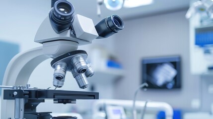 Fototapeta premium Stomatology operating microscope on table. Laboratory interior.AI generated image