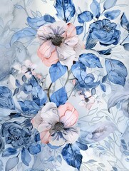 Pink blue floral mosaic wall mural, in the style of monochromatic ink washes, blue and white glaze.