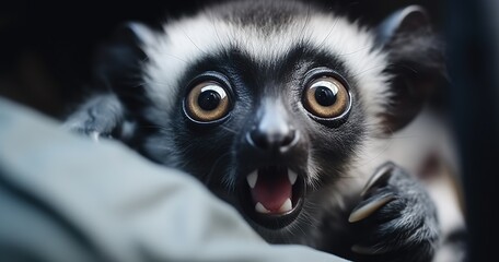 the cutest most adoable baby animal with big eyes and black ears is terrified, caught in the moment...