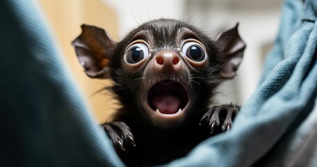 the cutest most adoable baby animal with big eyes and black ears is terrified, caught in the moment...