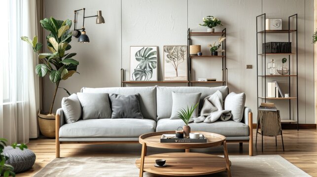 Modern style living room interior with sofa and beautiful industrial amidst complete furniture.AI generated image