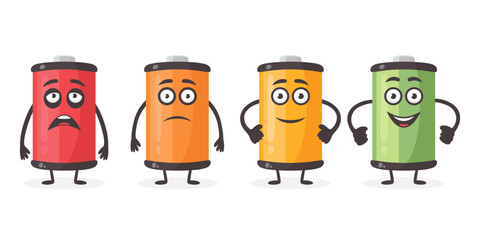 Low Battery and Full Battery Character Set. Funny Battery Characters with Full, Slightly Depleted, Nearly Depleted and Completely Depleted Low Charge. Vector Illustration
