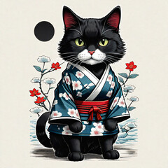 Illustration of a black cat in a Japanese kimono.