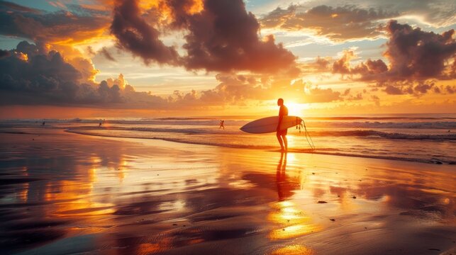 Surfers walking on the beach at sunset .AI generated image