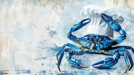 A watercolor of blue crab wearing a chef hat with copy space.