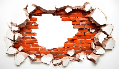 Hole breaking through a red brick wall, cut out