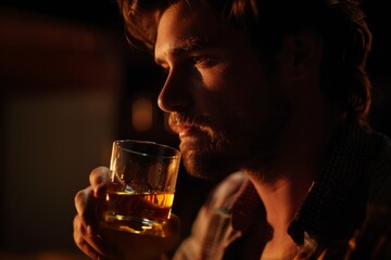 A man is holding a glass of whiskey and looking at the camera