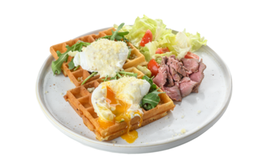 breakfast with waffles, eggs, meat, vegetables and herbs, cut out background