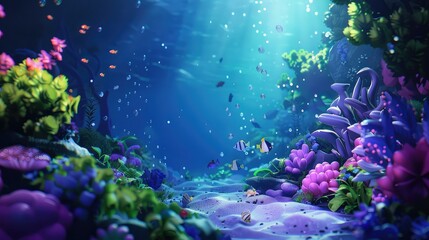 Fototapeta na wymiar Underwater Scene with tropical seabed, fish, reef and sunshine.