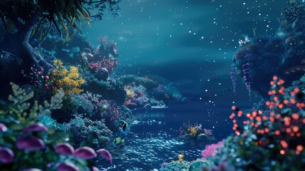 Naklejka na ściany i meble Underwater Scene with tropical seabed, fish, reef and sunshine.
