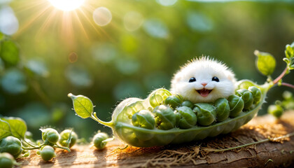 a small white kitten sitting in a pea pod with green leaves on the ground and a sun shining in the background - Powered by Adobe