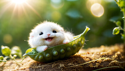 a small white hamster sitting inside of a pea pod on a tree stump with a green leaf in the background - Powered by Adobe
