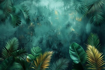 Background with abstract artistic elements. Golden elements on a textured background. Watercolor, Modern art. Flowers, plants, tropical, leaves, posters, cards, murals, rugs, hangings, prints, and