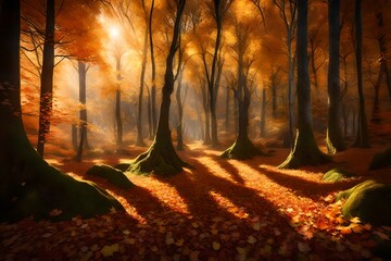A sunlit glade in the heart of the forest, where autumn leaves create a magical scene. - obrazy, fototapety, plakaty