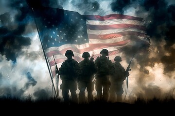 Bravery Embodied: Four Soldiers Bearing the American flag - obrazy, fototapety, plakaty