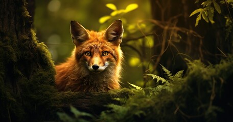the fox cat with big antlers sits in a forest, in the style of evocative environmental portraits, national geographic photo