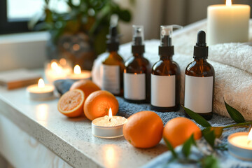 Cozy bathroom spa setting with citrus fruits and lit candles. AI Generated.