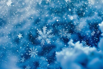Fototapeta na wymiar Blurry blue snowflakes falling in winter
