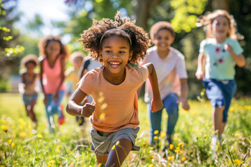 A young girl leads a playful dash across a flower-filled meadow, embodying the spirit of joyful childhood activity. AI Generated.