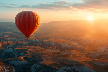 A serene sunrise with warm hues sets the backdrop for a hot air balloon ride over Cappadocia's valleys. AI Generated