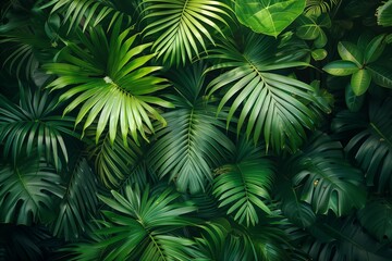 Fototapeta premium The verdant leaves of the jungle form a natural tapestry, backlit by a warm sunflare that highlights their intricate patterns. AI Generated