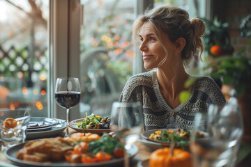 Smiling woman enjoying a wholesome meal with wine in a cozy, plant-filled restaurant setting. AI Generated.