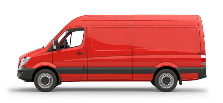 A red van is parked on a white or white transparent background