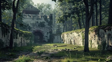 an old fort located on the water's edge. This fort is made of stone.AI generated image - obrazy, fototapety, plakaty