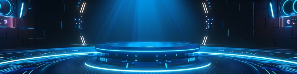 blue background, ai, artificial intelligence, Stage podium with light in a digital futuristic style...
