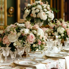 Obraz na płótnie Canvas Elegantly arranged bouquets gracing a wedding reception table, illuminated by soft candlelight. 