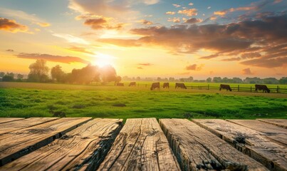 Wooden top in front of a green meadow with cows, nature, calming and soothing created with AI - obrazy, fototapety, plakaty