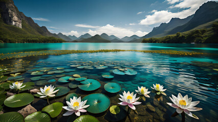 lake in the mountains with waterlily  - obrazy, fototapety, plakaty