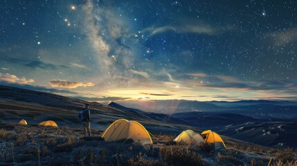Fototapeta na wymiar Tourists camp on a hill with a night sky full of stars.AI generated image