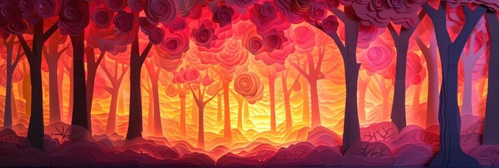Vibrant Origami Paper Forest Sunrise with Captivating Shades of Pink and Orange