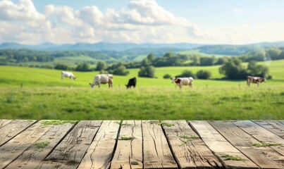 Wooden top in front of a green meadow with cows, nature, calming and soothing created with AI