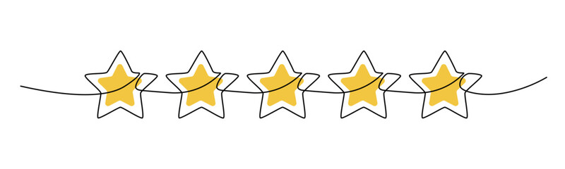 One continuous line drawing of five stars Isolated on transparent background. Golden 5 stars rating, excellent (high quality) service. Customer feedback. Editable stroke. Vector illustration 